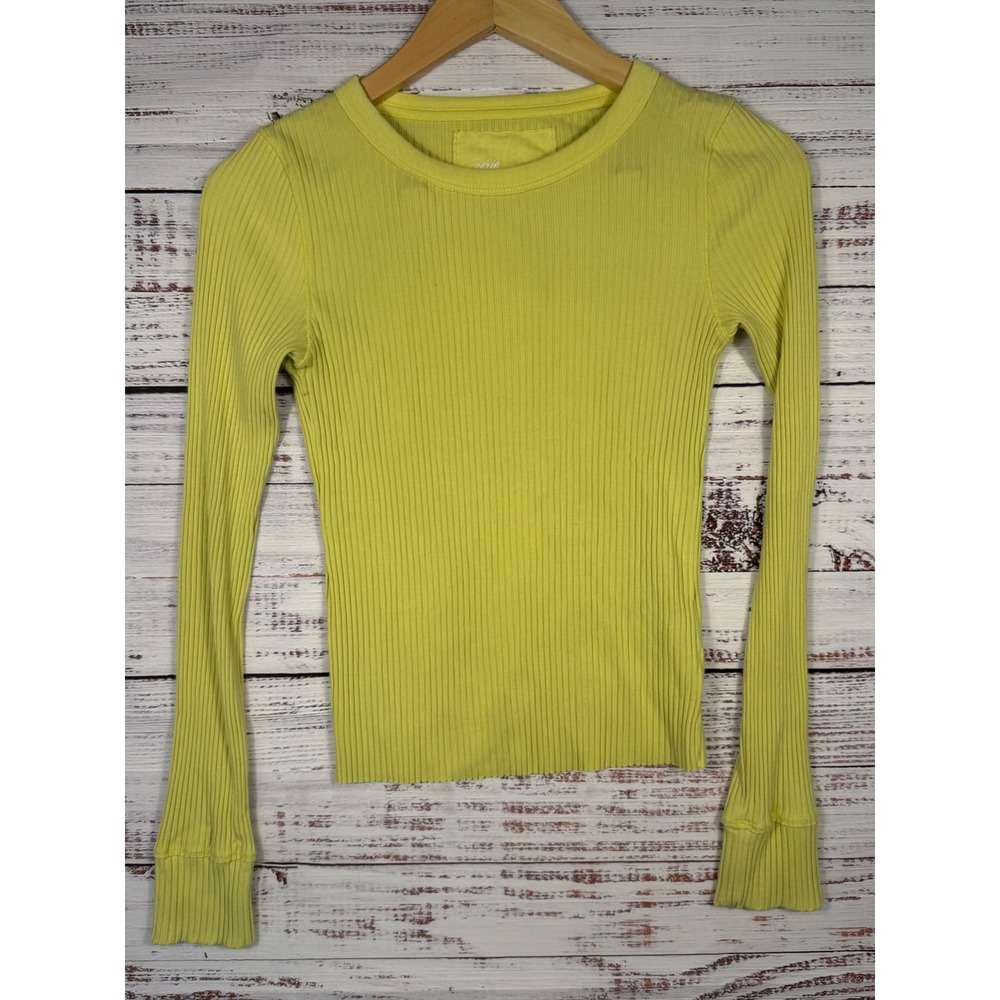 Aerie Ribbed Long Sleeve Crew Neck Top Womens XS Lime Green Slim Fit Basic